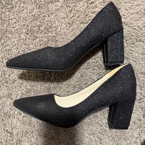 Black Glitter Block Heel Pumps W10